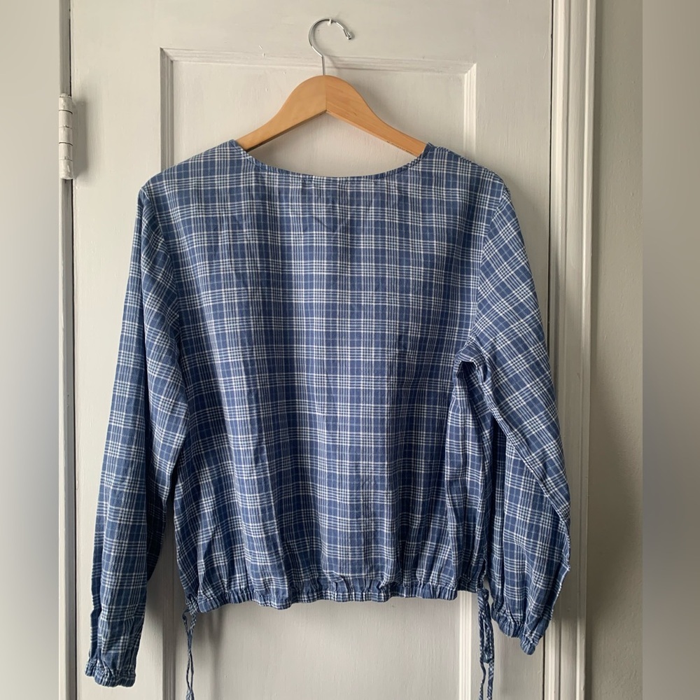 ANA A New Approach NWT Blue Plaid Long Sleeve Boho Peasant Blouse Size M - Picture 3 of 14